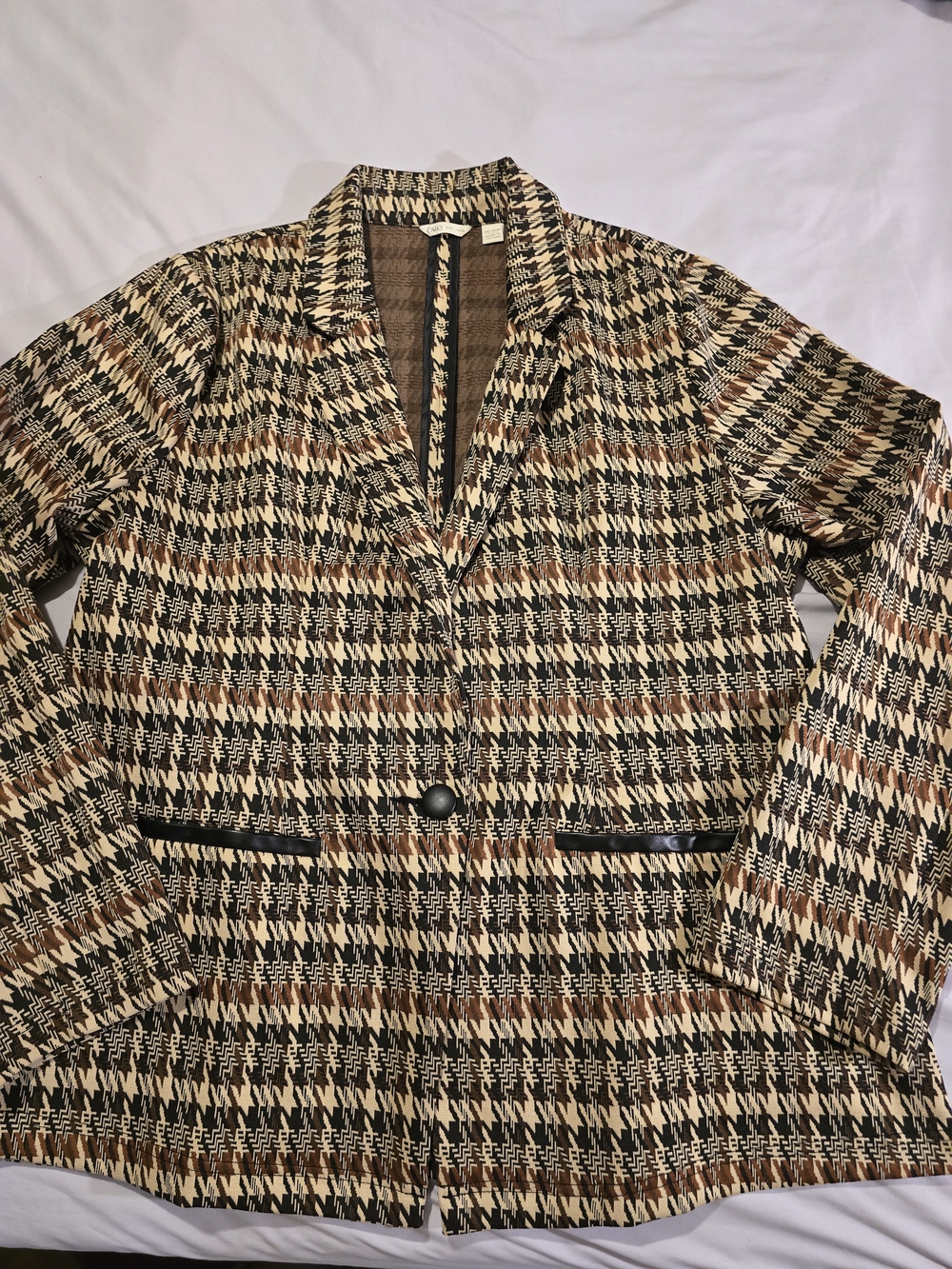 Cato Plus Size 14 Houndstooth Single Button Blazer with Faux Leather Trim